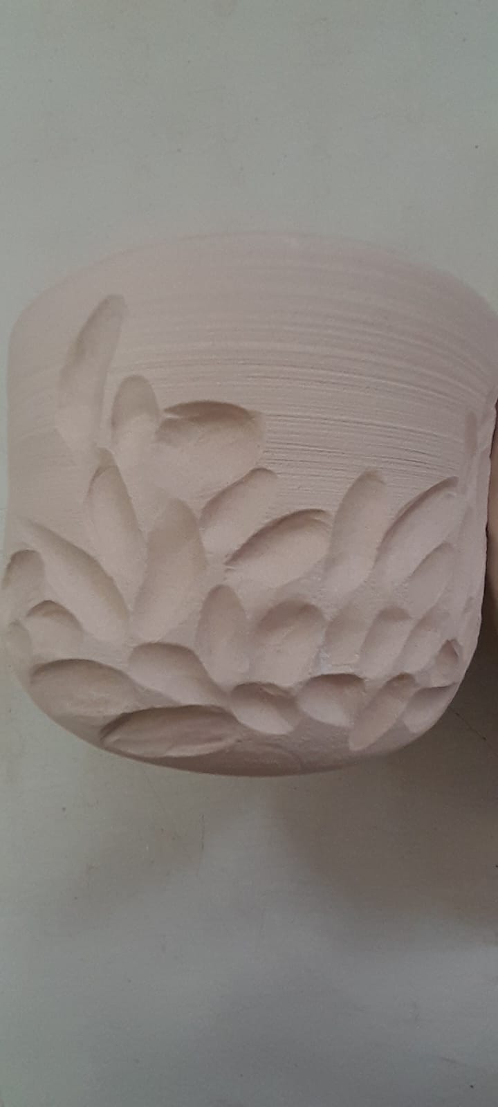 כלי קרמיקה עם טקסטורת עלים בחלקו התחתון